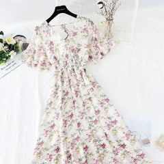 Floral Ruffled Short-sleeved Chiffon V-neck Dress - White