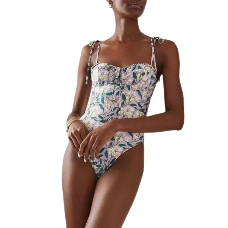 Floral Strap On Round Neck Cover Up Swimsuit - One-Piece