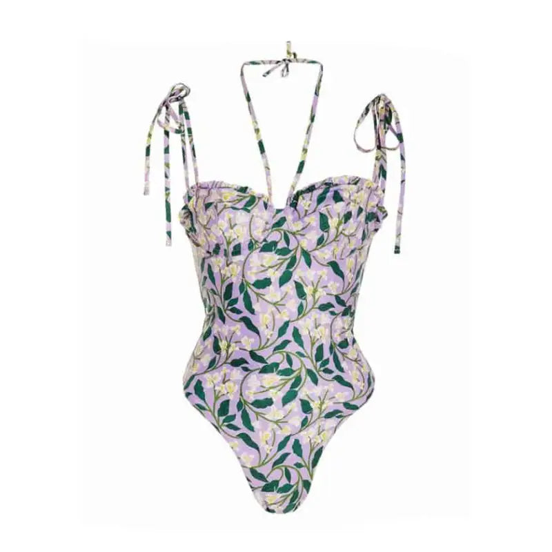 Floral Strap On Round Neck Cover Up Swimsuit - White