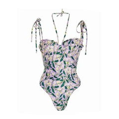 Floral Strap Round Neck Cover Up Swimsuit White Lavender / S