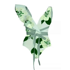 Floral V Neck High Waist Ruffled Lace Up Swimsuit Green / S