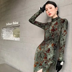 Floral Vintage Slit Dress - Grey / S