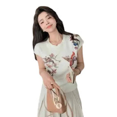 Flower and Bird Embroidery Sleeveless Slim Fit Vest