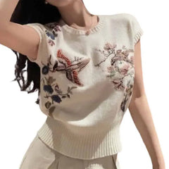 Flower and Bird Embroidery Sleeveless Slim Fit Vest