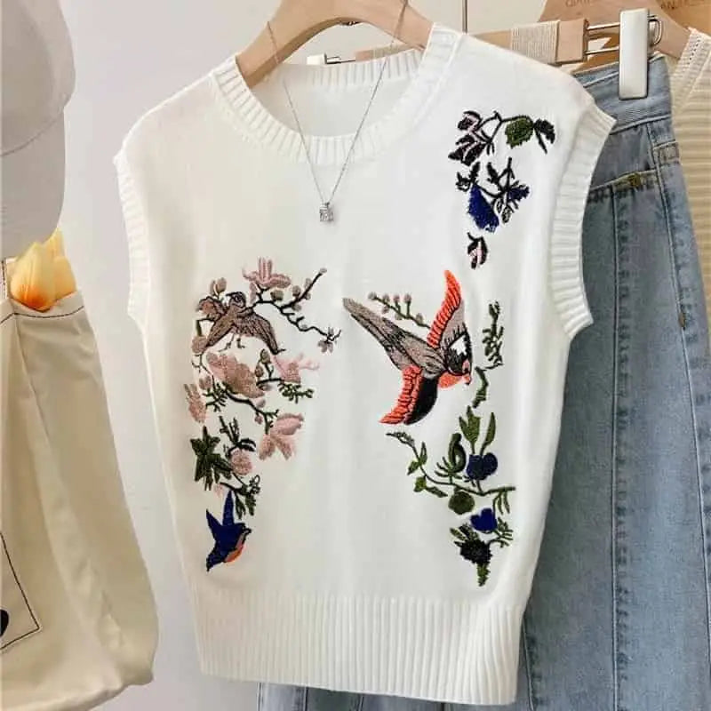 Flower and Bird Embroidery Sleeveless Slim Fit Vest