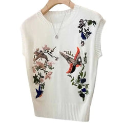Flower and Bird Embroidery Sleeveless Slim Fit Vest - White