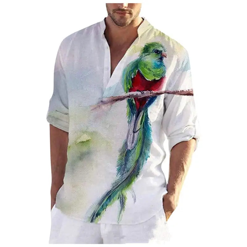Flower and Bird Print Beach Henley Shirts for Men
