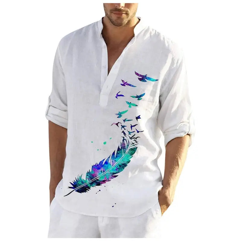 Flower and Bird Print Beach Henley Shirts for Men