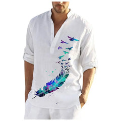 Flower and Bird Print Beach Henley Shirts for Men