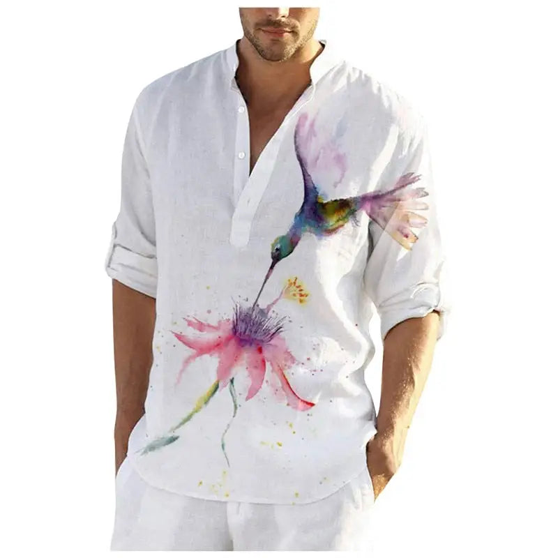 Flower and Bird Print Beach Henley Shirts for Men