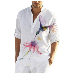 Flower and Bird Print Beach Henley Shirts - Shirt