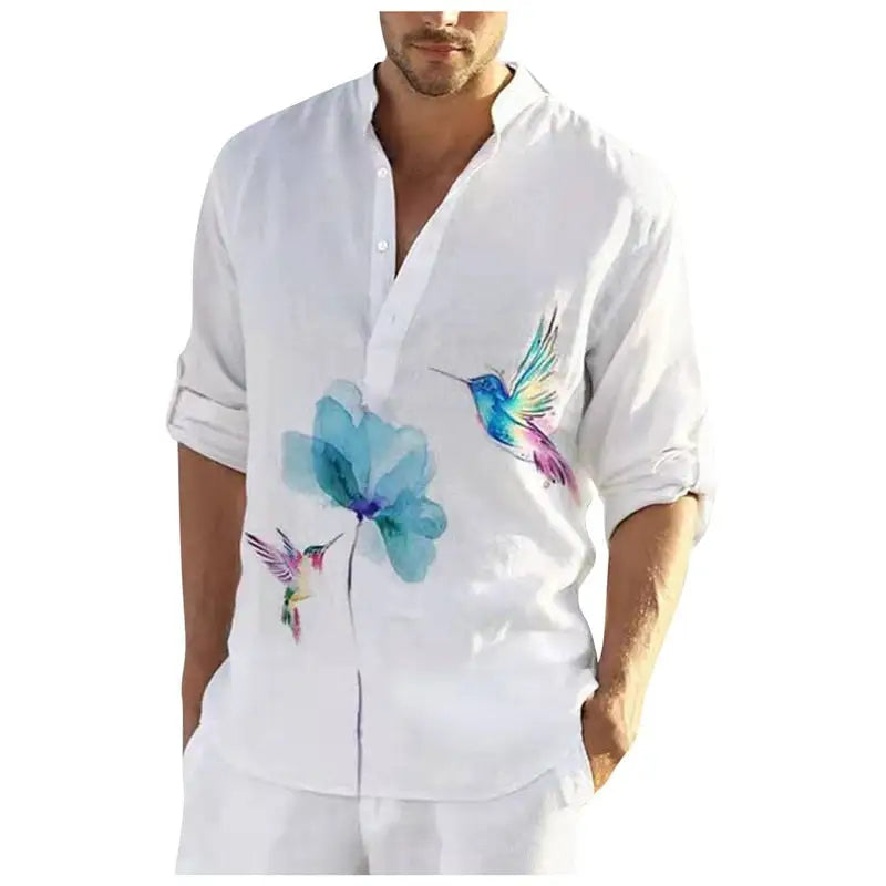 Flower and Bird Print Beach Henley Shirts - Shirt
