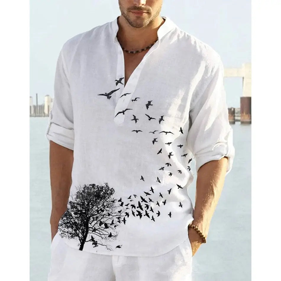 Flower and Bird Print Beach Henley Shirts - White-Black / S