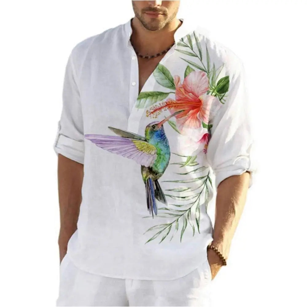 Flower and Bird Print Beach Henley Shirts - White-Red / S