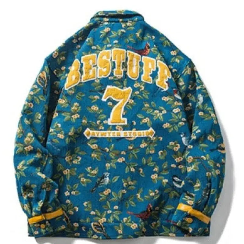 Flower Bird Embroidered Jacket by Bestuff Blue / M