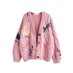 Flower Color Cardigan Knitted Sweater - Pink / S