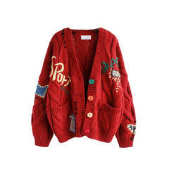Flower Color Cardigan Knitted Sweater - Red / S