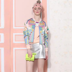 Flower Colored Print Bomber Jacket for Women Beige / S