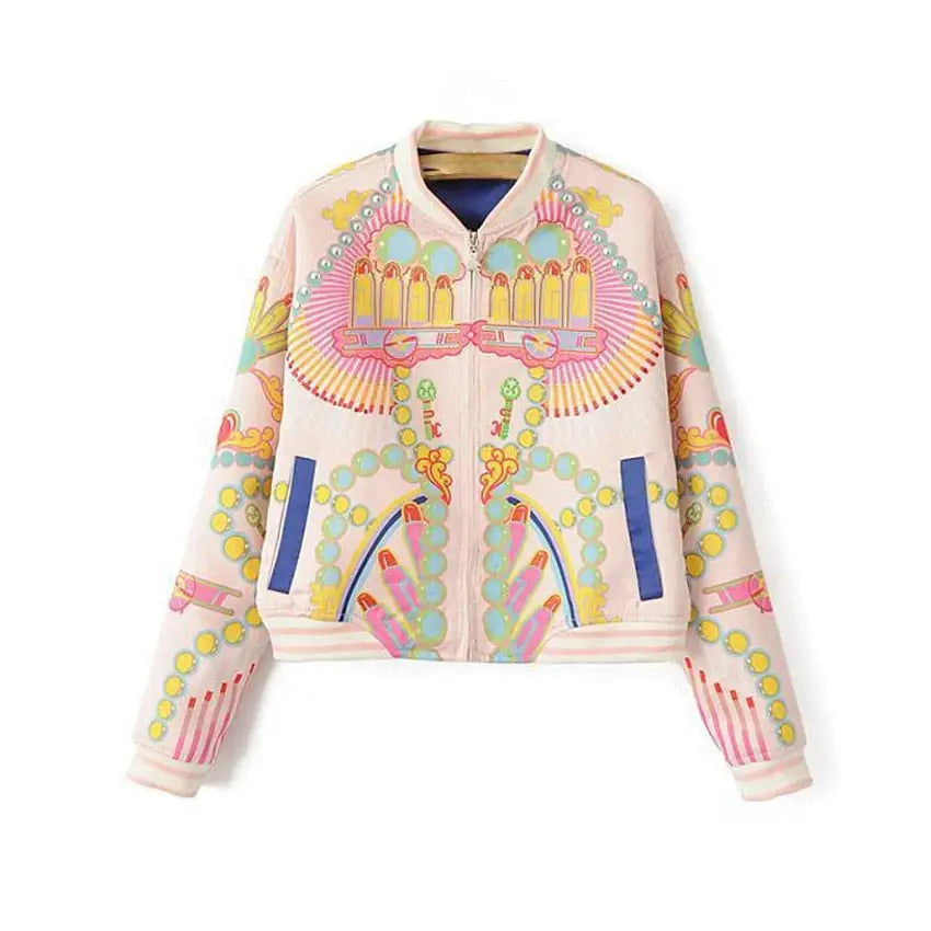 Flower Colored Print Bomber Jacket for Women