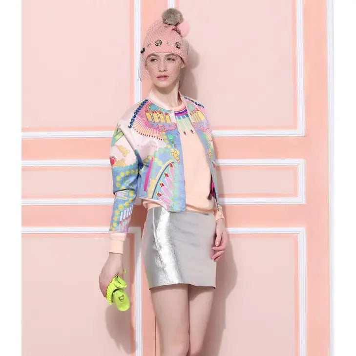 Flower Colored Print Bomber Jacket for Women