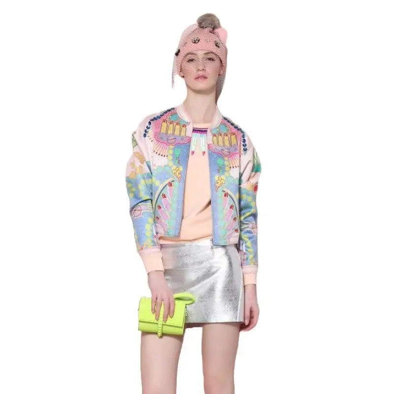 Flower Colored Print Bomber Jacket for Women