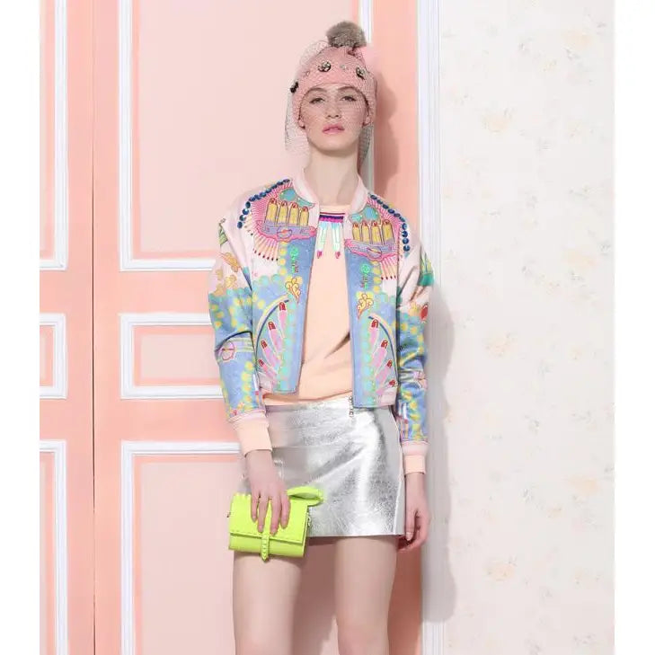 Flower Colored Print Bomber Jacket