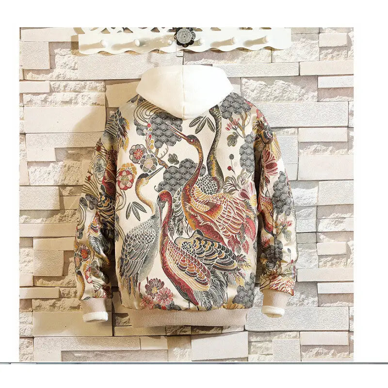 Flower Crane Knitted Zipper Jacket - Hoodies