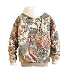 Flower Crane Knitted Zipper Jacket - Hoodies