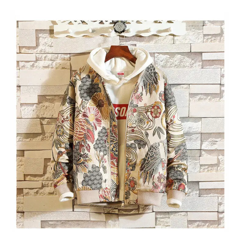 Flower Crane Knitted Zipper Jacket - White / M - Hoodies