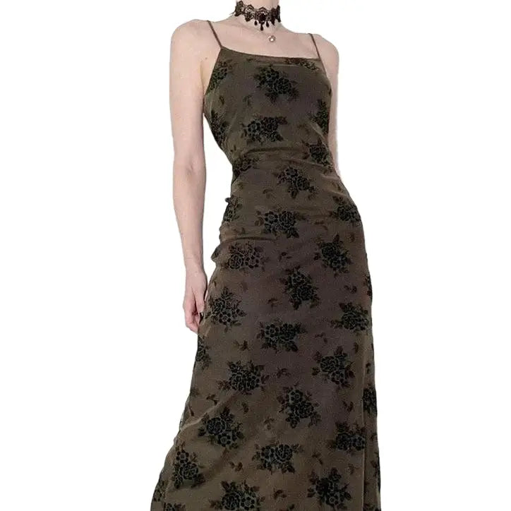 Flower Dark Gothic Mesh Long Dress - Black / S