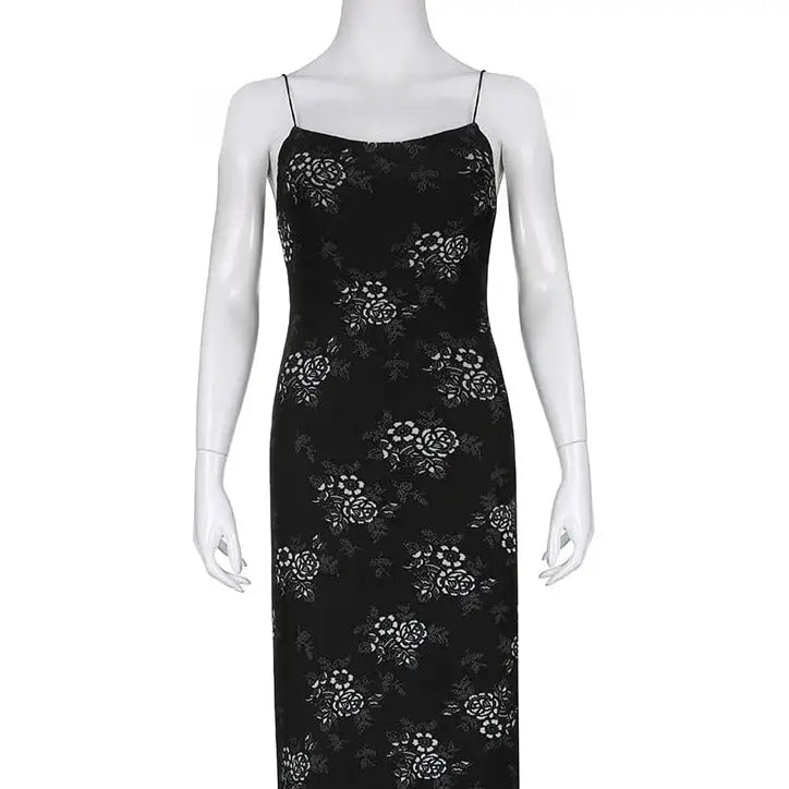 Flower Dark Gothic Mesh Long Dress - Black White / S