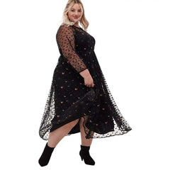 Flower Embroidered Plus Size Dress - Black / XS - Long