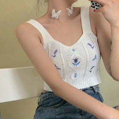 Flower Embroidery Crop Tank Top