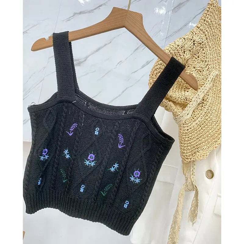 Flower Embroidery Crop Tank Top