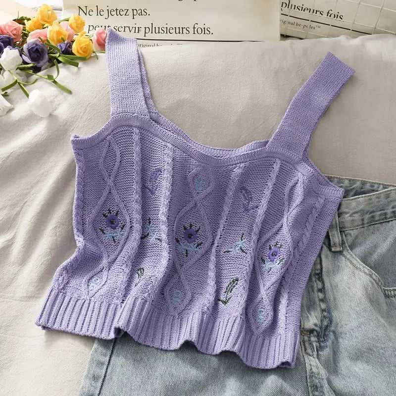 Flower Embroidery Crop Tank Top for Women