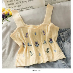 Flower Embroidery Crop Tank Top for Women APRICOT / One Size