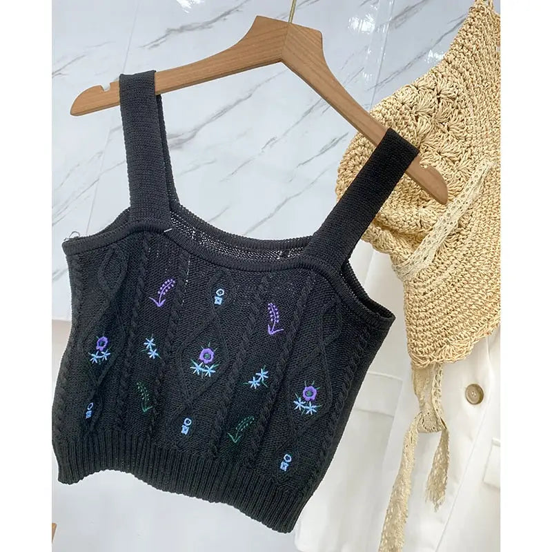 Flower Embroidery Crop Tank Top for Women BLACK / One Size
