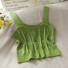 Flower Embroidery Crop Tank Top for Women GREEN / One Size