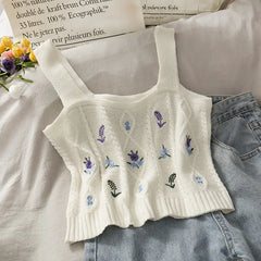 Flower Embroidery Crop Tank Top for Women WHITE / One Size
