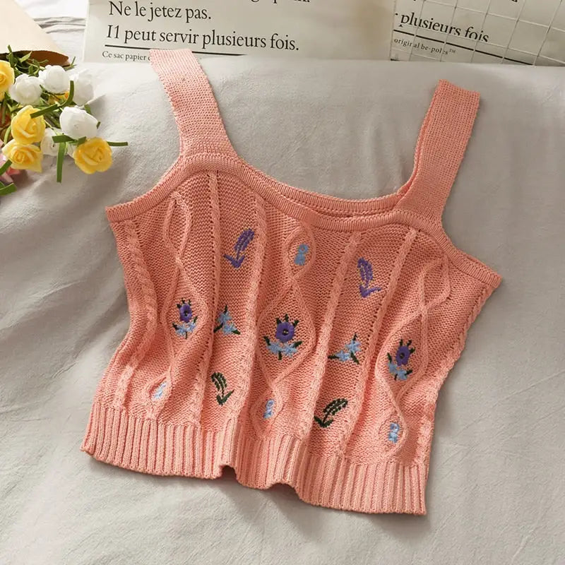 Flower Embroidery Crop Tank Top