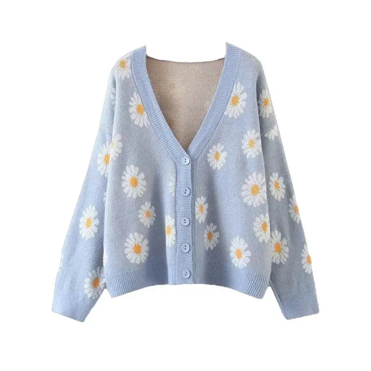Flower Knit Loose V Neck Cardigan Blue / One Size
