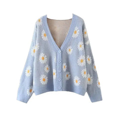 Flower Knit Loose V Neck Cardigan Blue / One Size