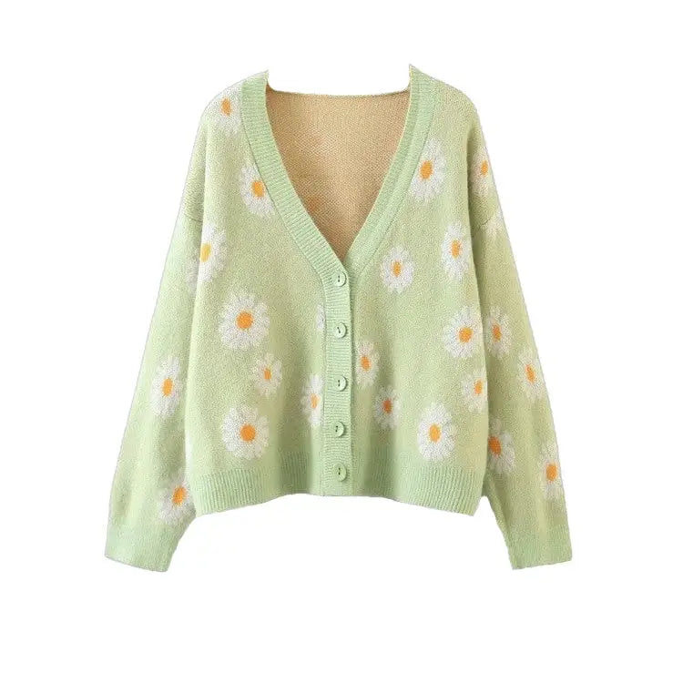 Flower Knit Loose V Neck Cardigan Light Green / One Size