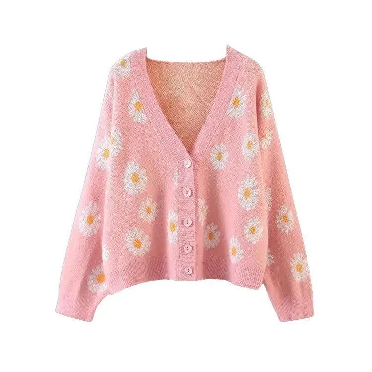 Flower Knit Loose V Neck Cardigan Pink / One Size