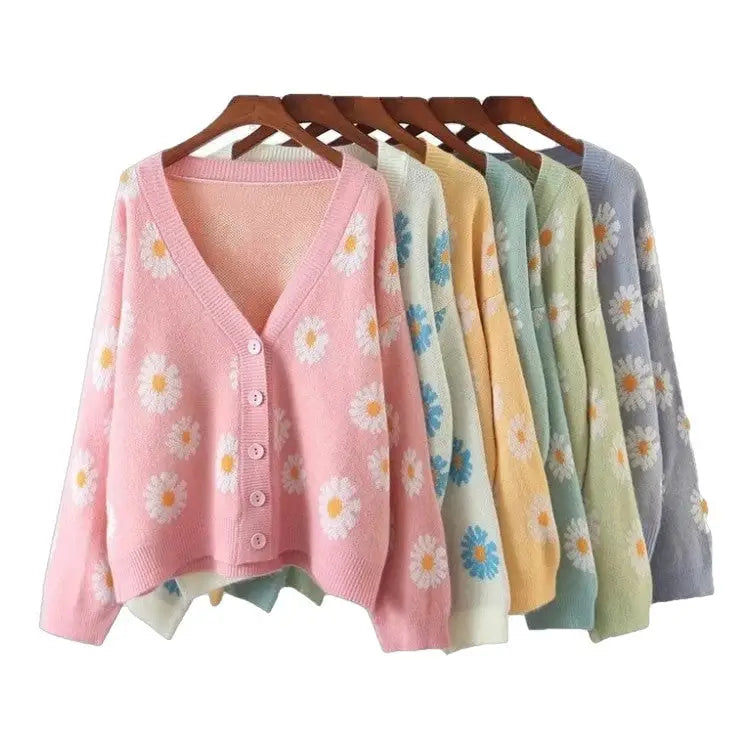 Flower Knit Loose V Neck Cardigan