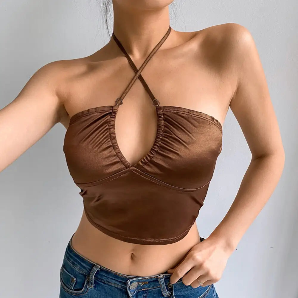 Flower Mesh Halter Tank Top Spandex Polyester Brown2 / S