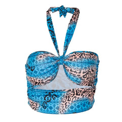 Flower Mesh Halter Tank Top Spandex Polyester Deep Blue / S