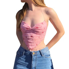 Flower Mesh Halter Tank Top Spandex Polyester Pink / S