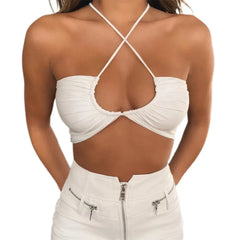 Flower Mesh Halter Tank Top Spandex Polyester white / S
