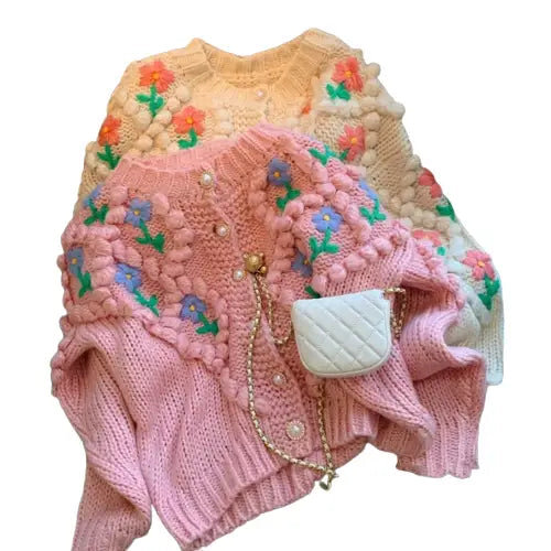 Flower O Neck Knit Cardigan with Floral Design